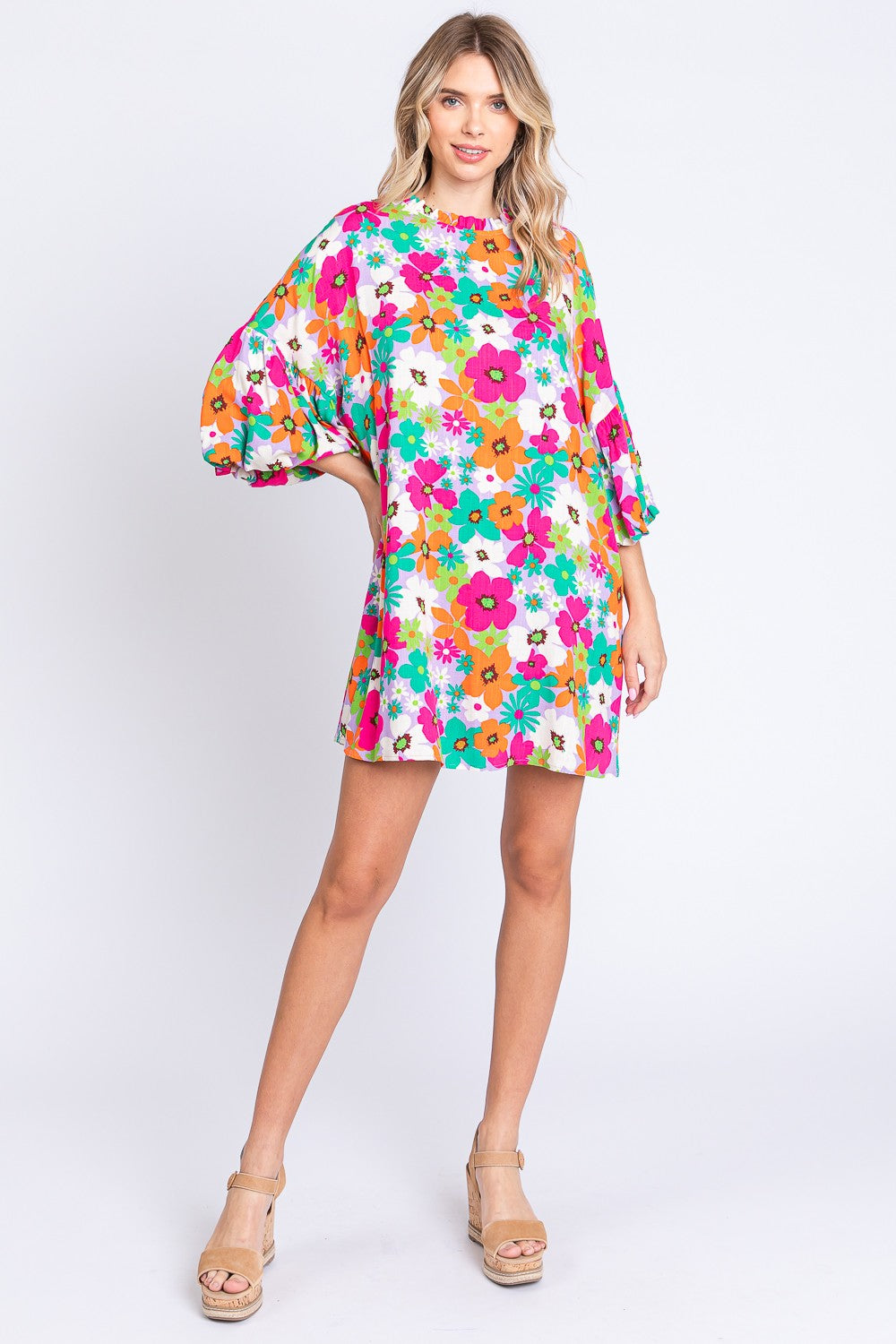 GeeGee Multi Floral Round Neck Lantern Sleeve Mini Dress Trendsi