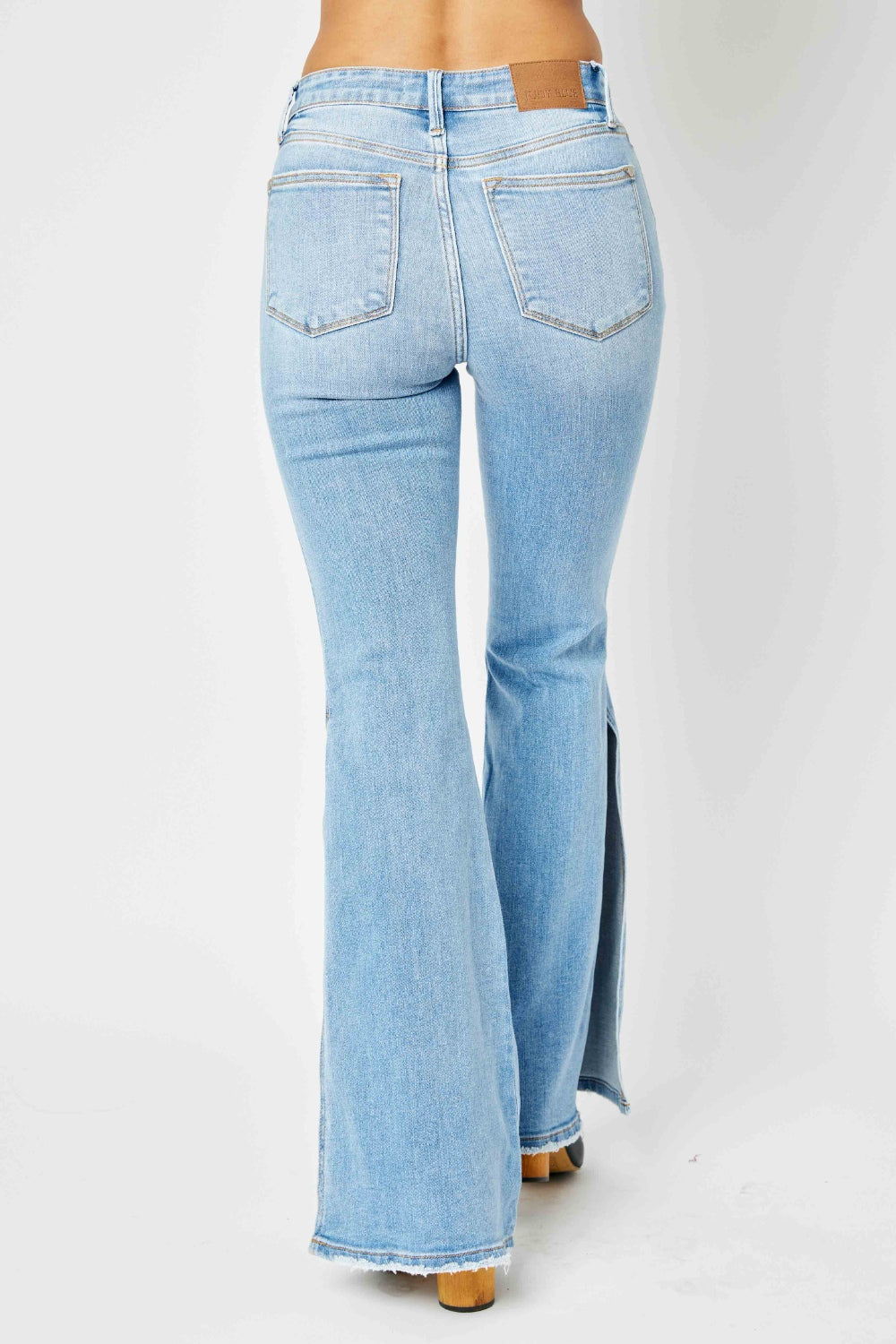 Judy Blue Medium Wash Mid Rise Raw Hem Slit Flare Jeans Trendsi